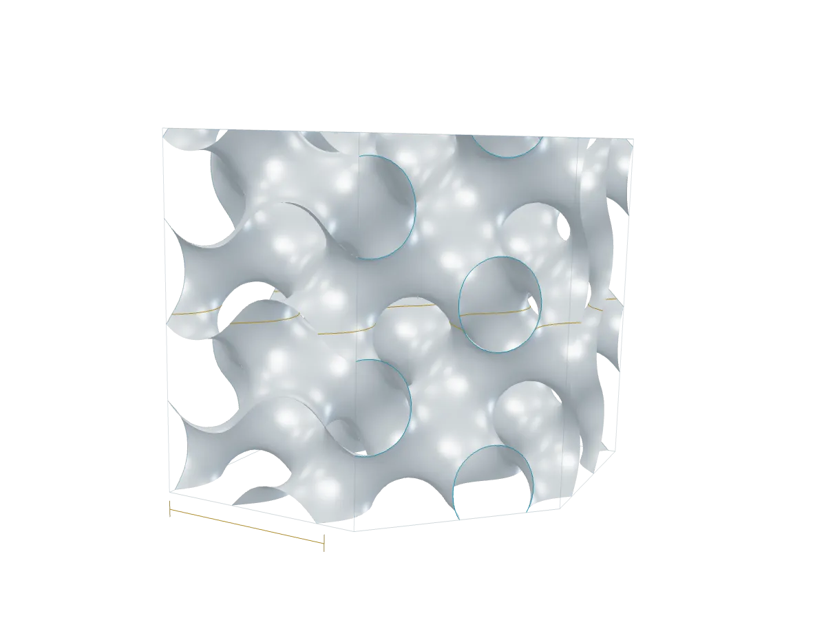 A silver periodic nodal surface with an oblique cut, cyan section curves, and a unit-cell dimension.