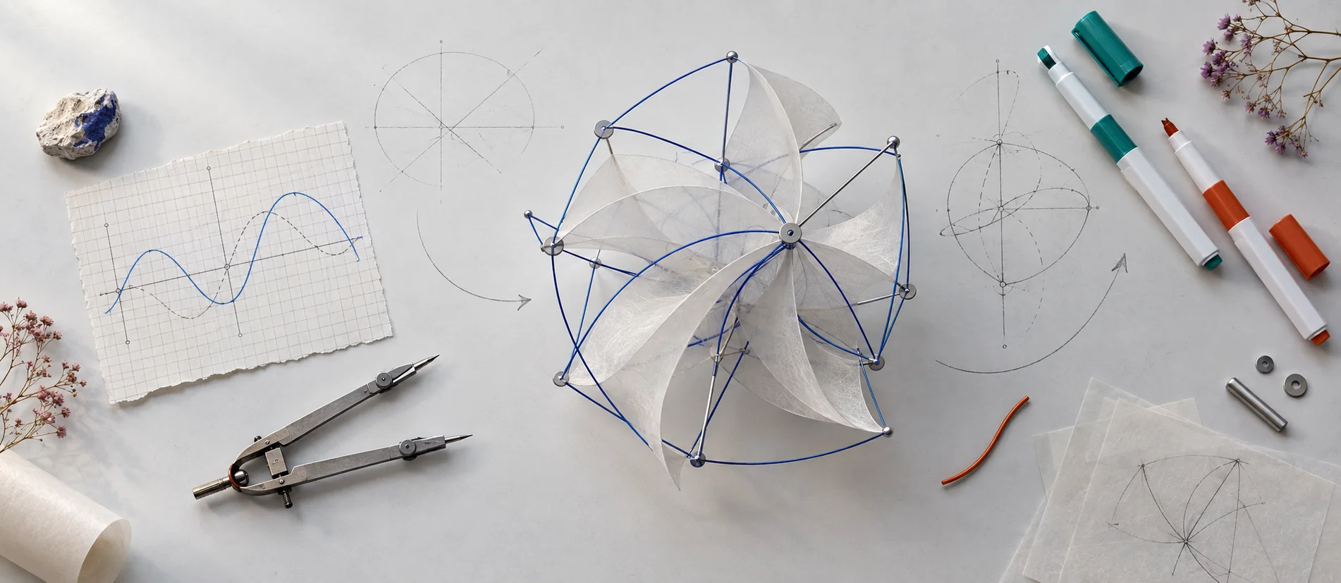 An AI-generated working surface with a translucent paper and blue-wire sculpture, a curve on graph paper, drafting dividers, and colored markers.